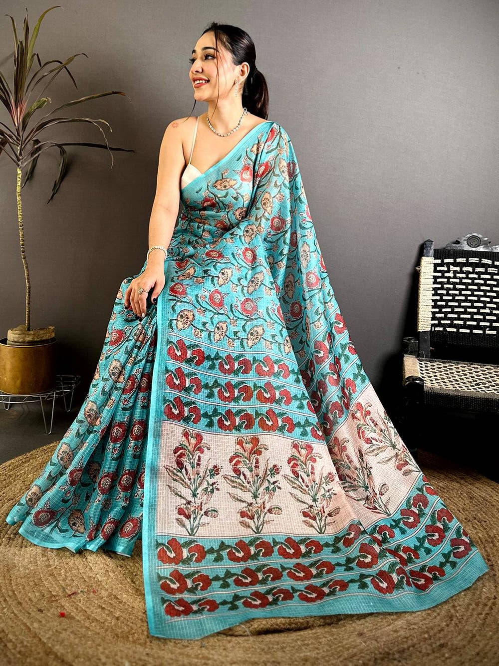 Aqua Kota Doriya Floral Print Saree