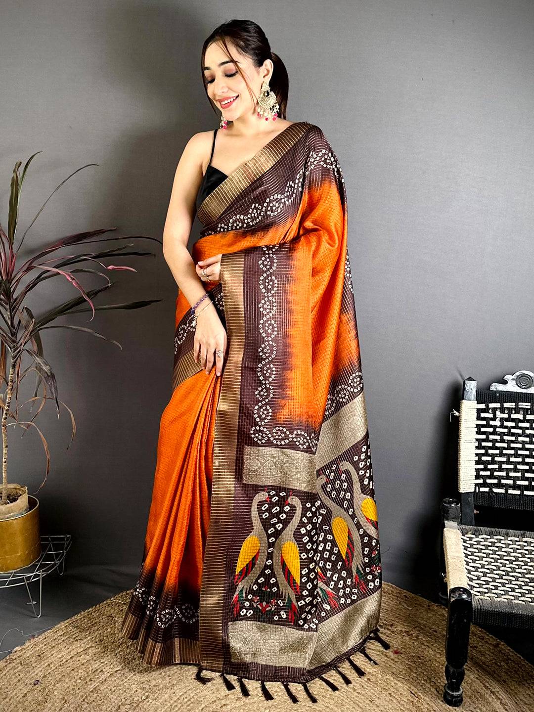 Dusty Orange Tussar Zari Chex Saree