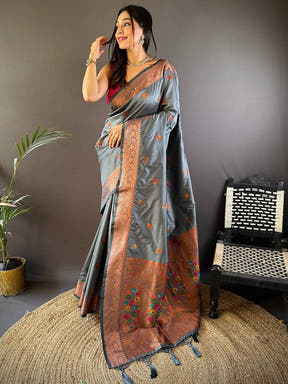 Grey Soft Silk Coppar Zari Weaving Saree