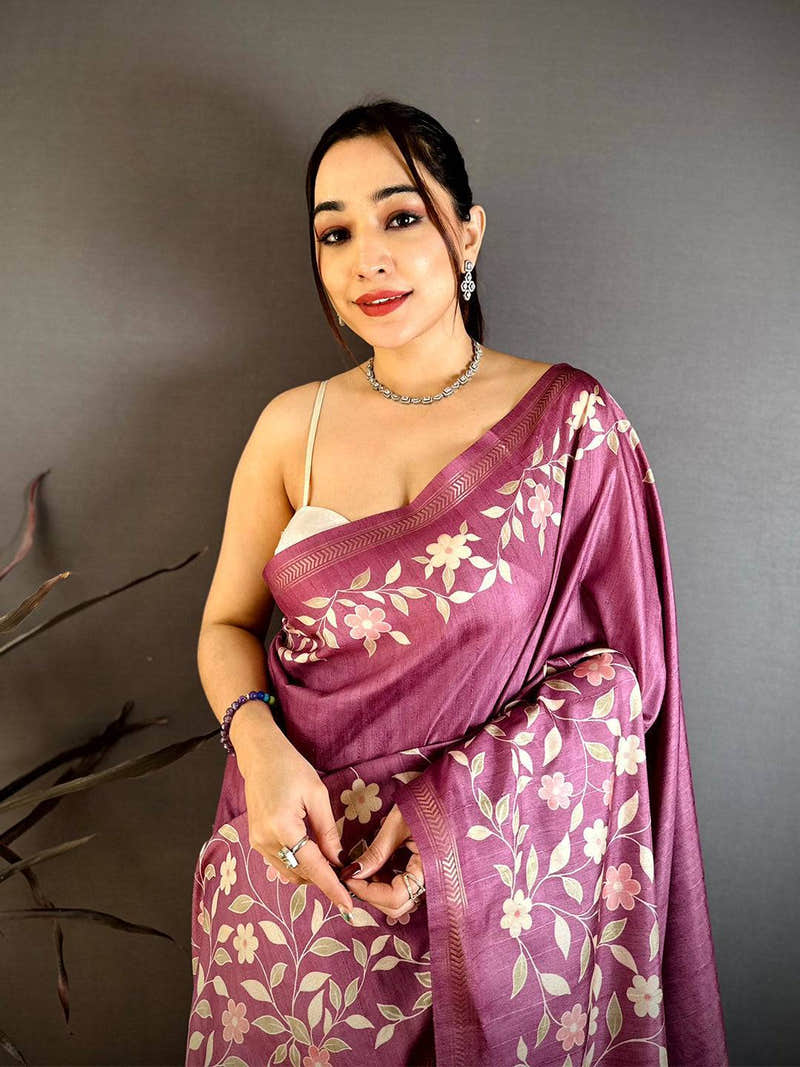 Mauve Tussar Ghicha Digital Print Saree