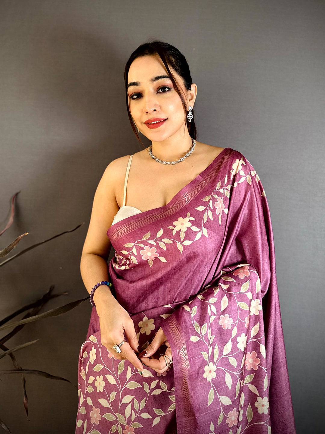 Mauve Tussar Ghicha Digital Print Saree