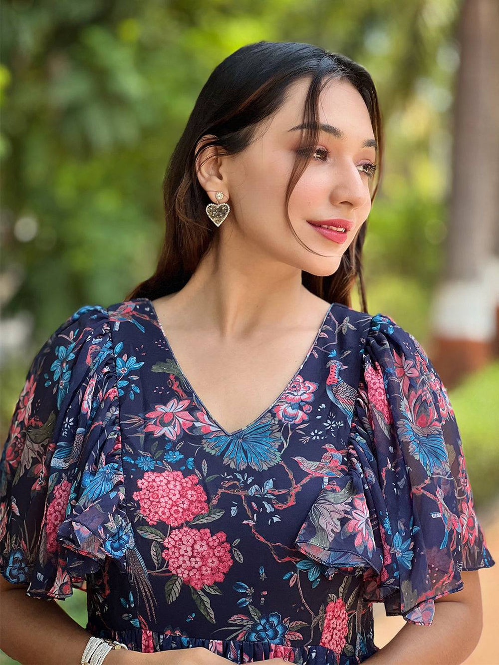 Close-up of Midnight Navy Floral V-Neck Dress details