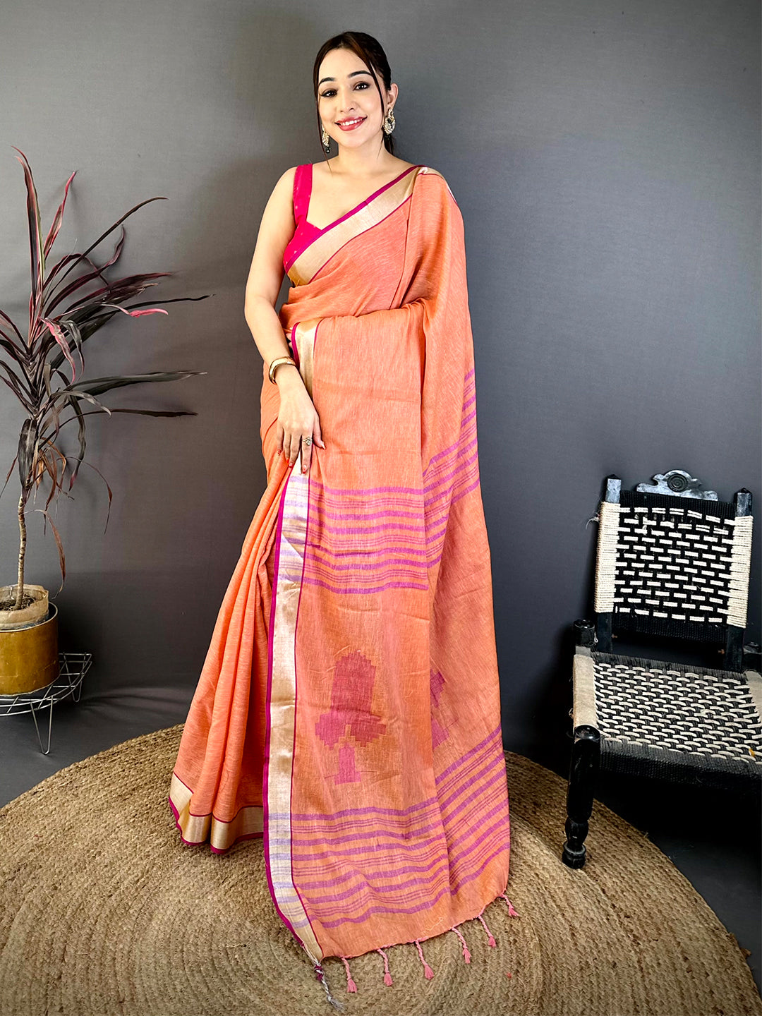 Orange Linen 60 Count Silver Zari Saree