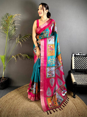 Rama Tussar Kalalmkari Print Saree