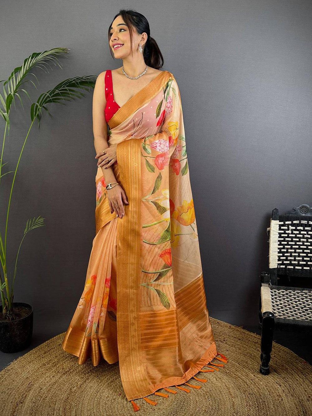 Orange Soft Organza Digital Print Saree
