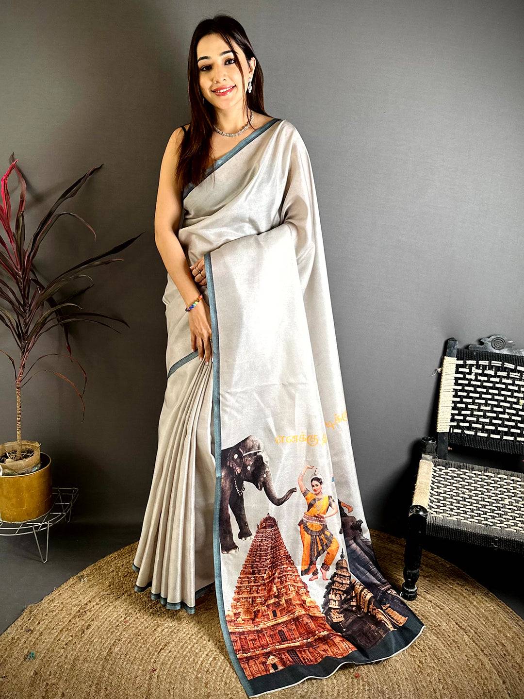 
Royal Tamil Cultural Icons Digital Print saree


