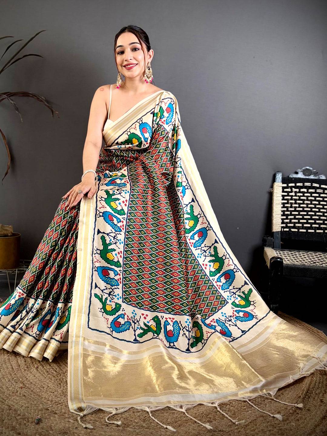 Green Soft Kanchi Silk Ikkat Patola Saree