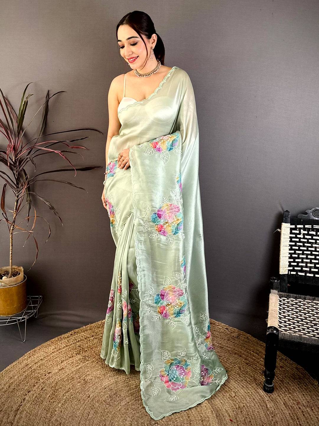 Elegant Applique Pearl Embroidered Saree