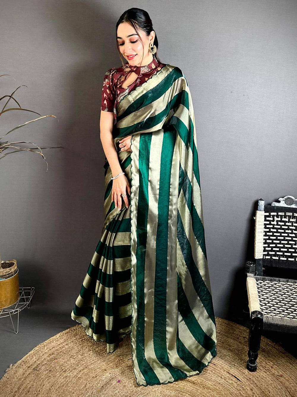 Stylish Shiny Silk Striped Print Saree