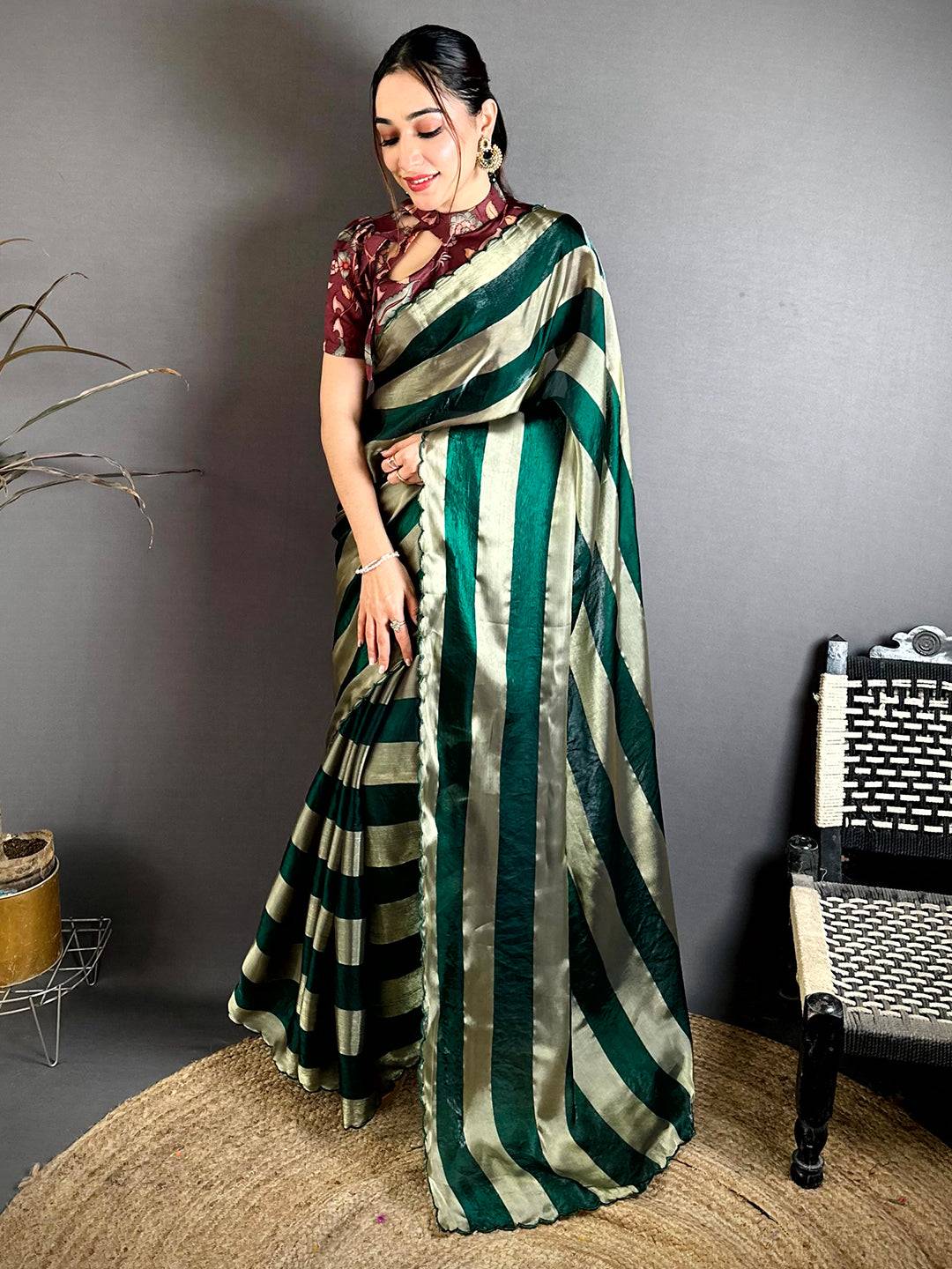 Stylish Shiny Silk Striped Print Saree