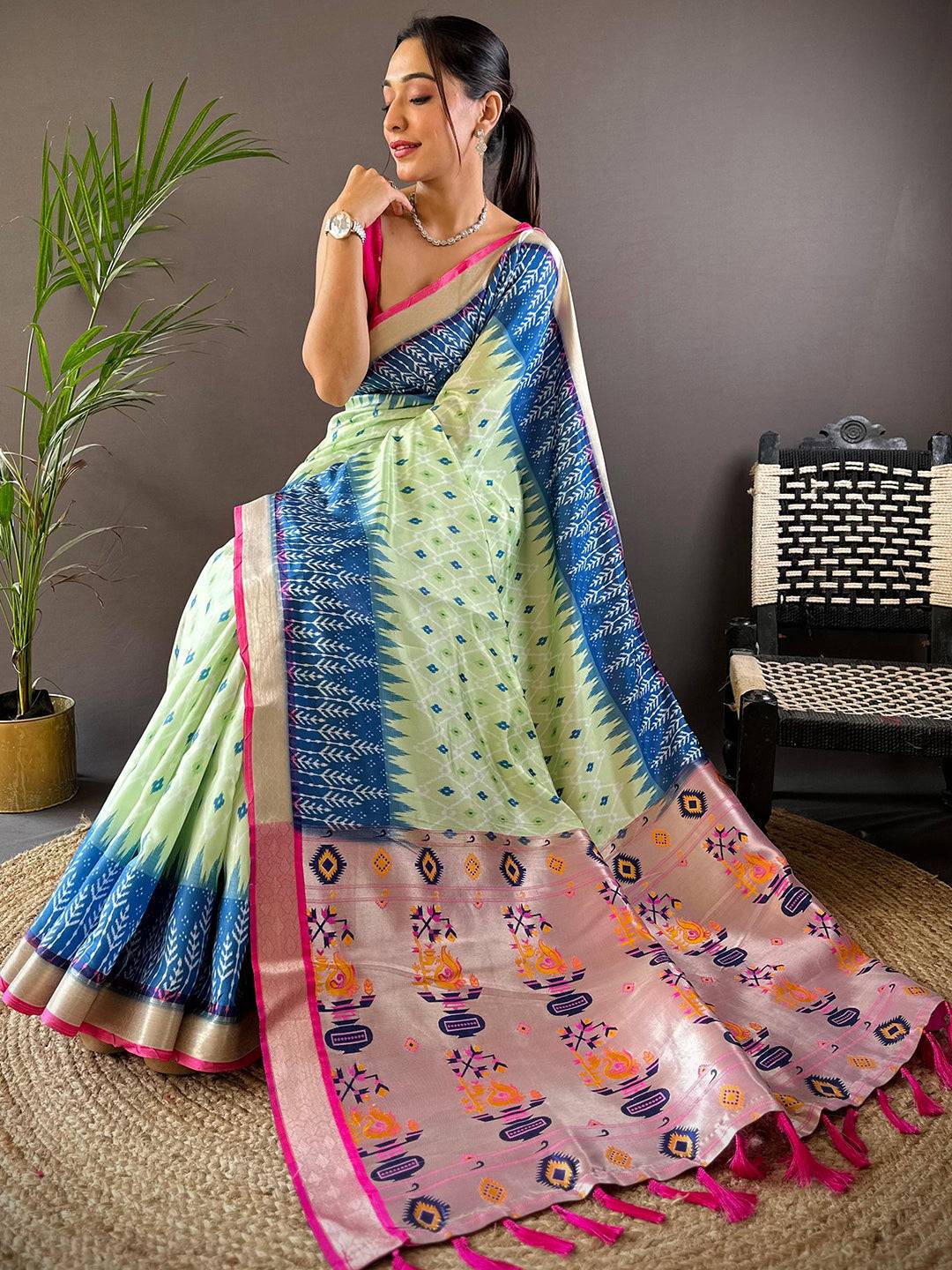 Pista Ikkat Paithani Soft Silk Saree