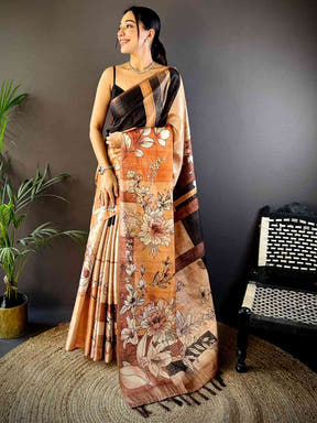 Petals Peach Tussar Zari Floral Saree