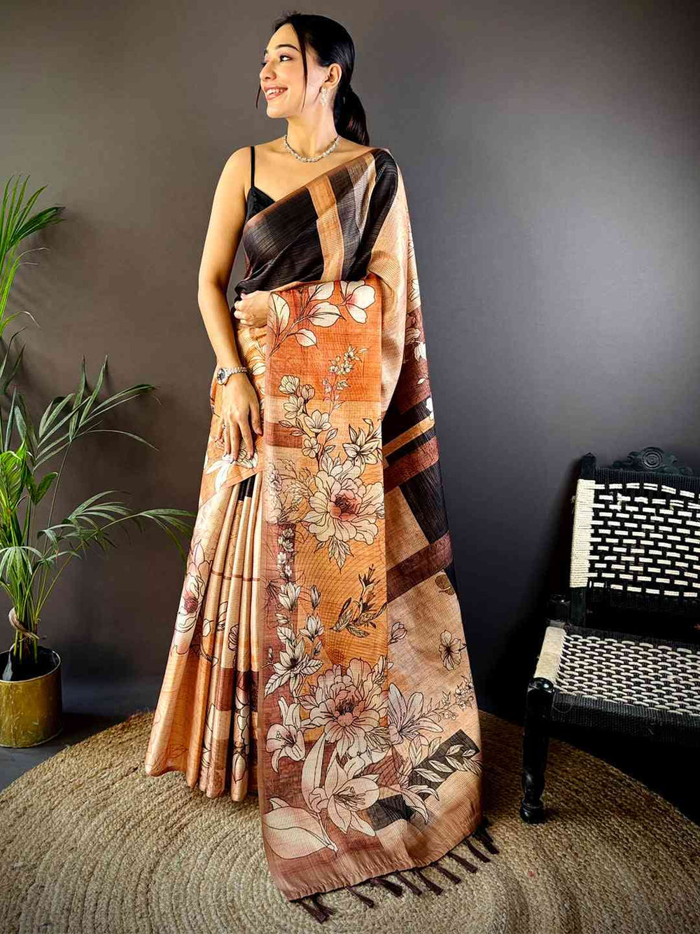 Petals Peach Tussar Zari Floral Saree
