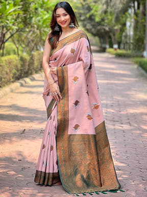 Light pink Kanjivaram saree with gold zari weaving