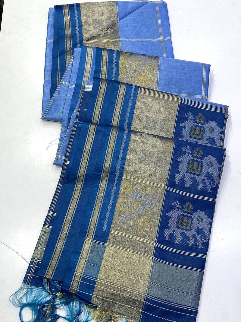 Blue Double Ikat Tussar Silk Saree