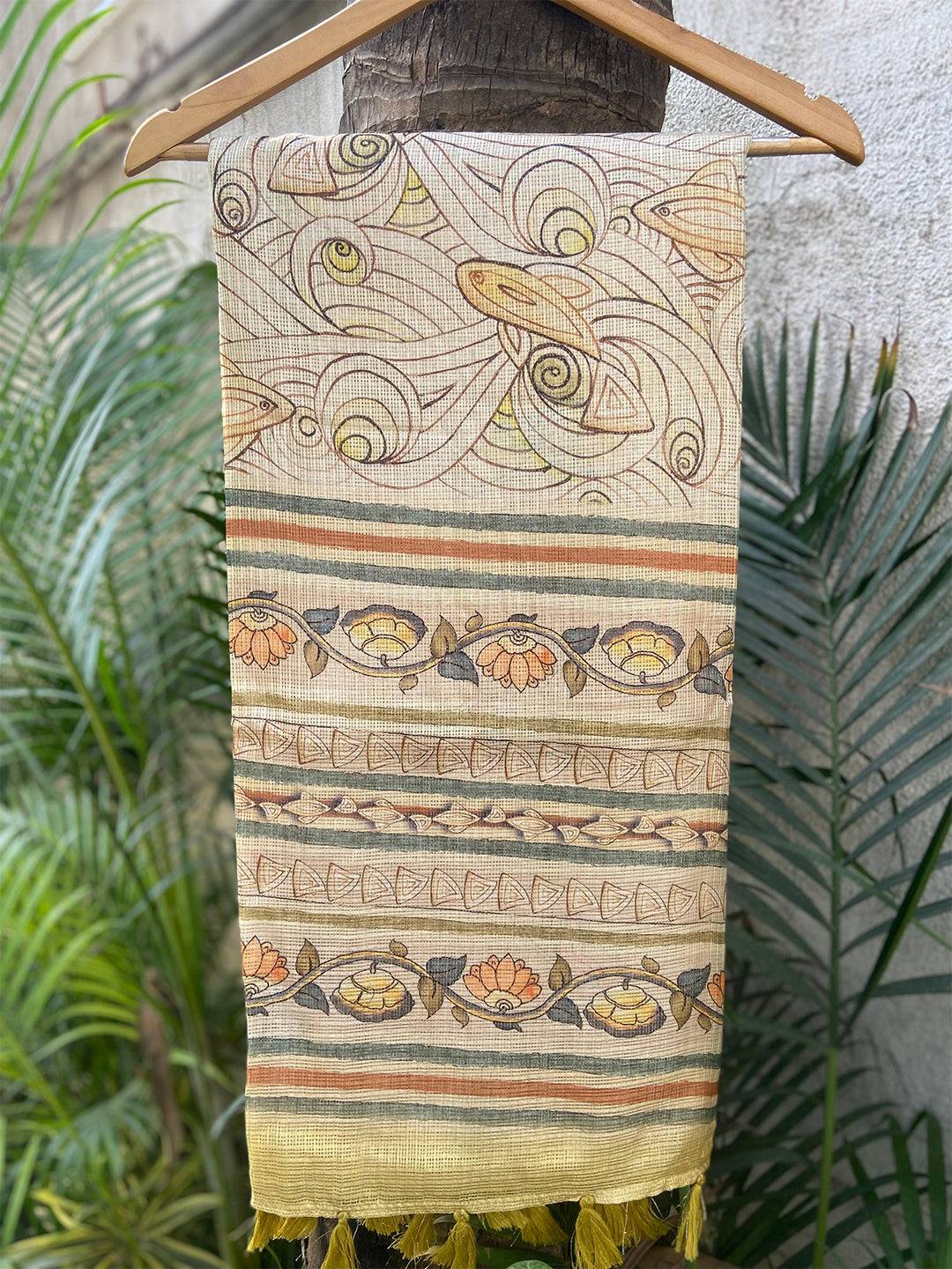 Yellow Kota Doriya Silk Saree With Flower Kalamkari Print
