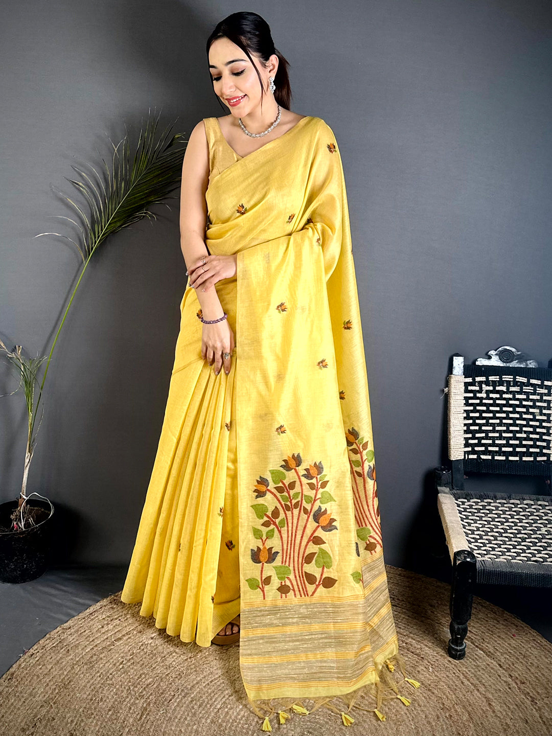 Yellow Ghicha Minakari Weave Saree