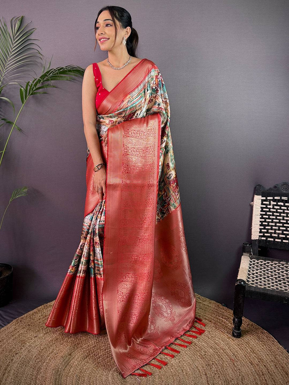 Multi Cherry Satin Kalamkari Saree