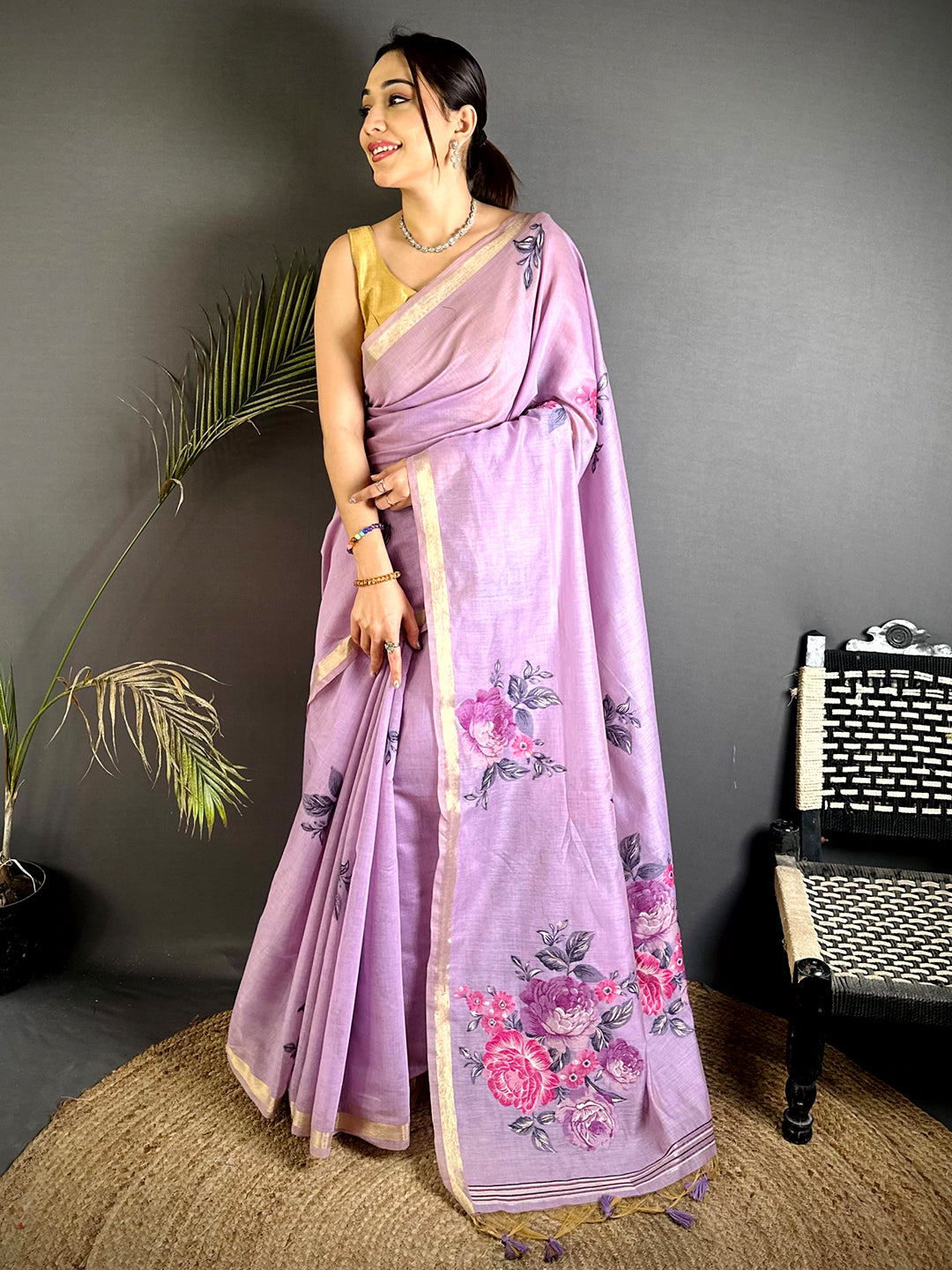 Heritage Floral Khadi Linen Zari Saree