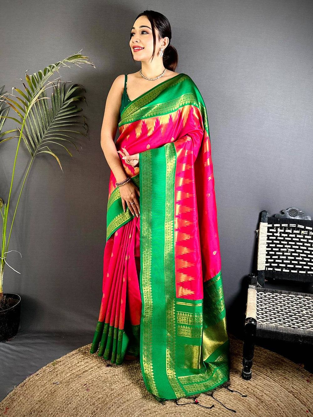 Pink Rudraksha Temple Weave Katan Silk Saree