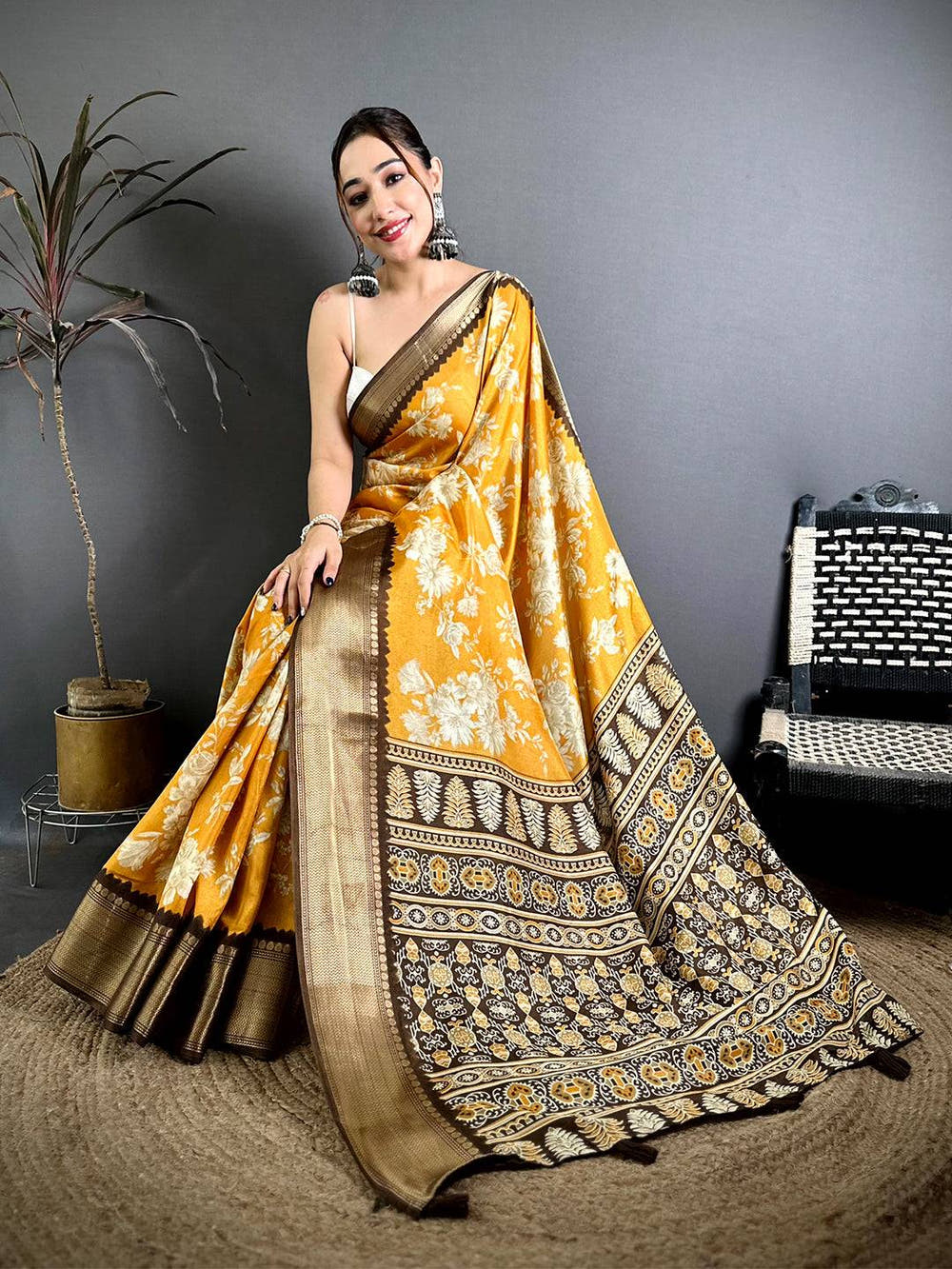 Mustard Dola Big Floral Zari Kanchi Saree