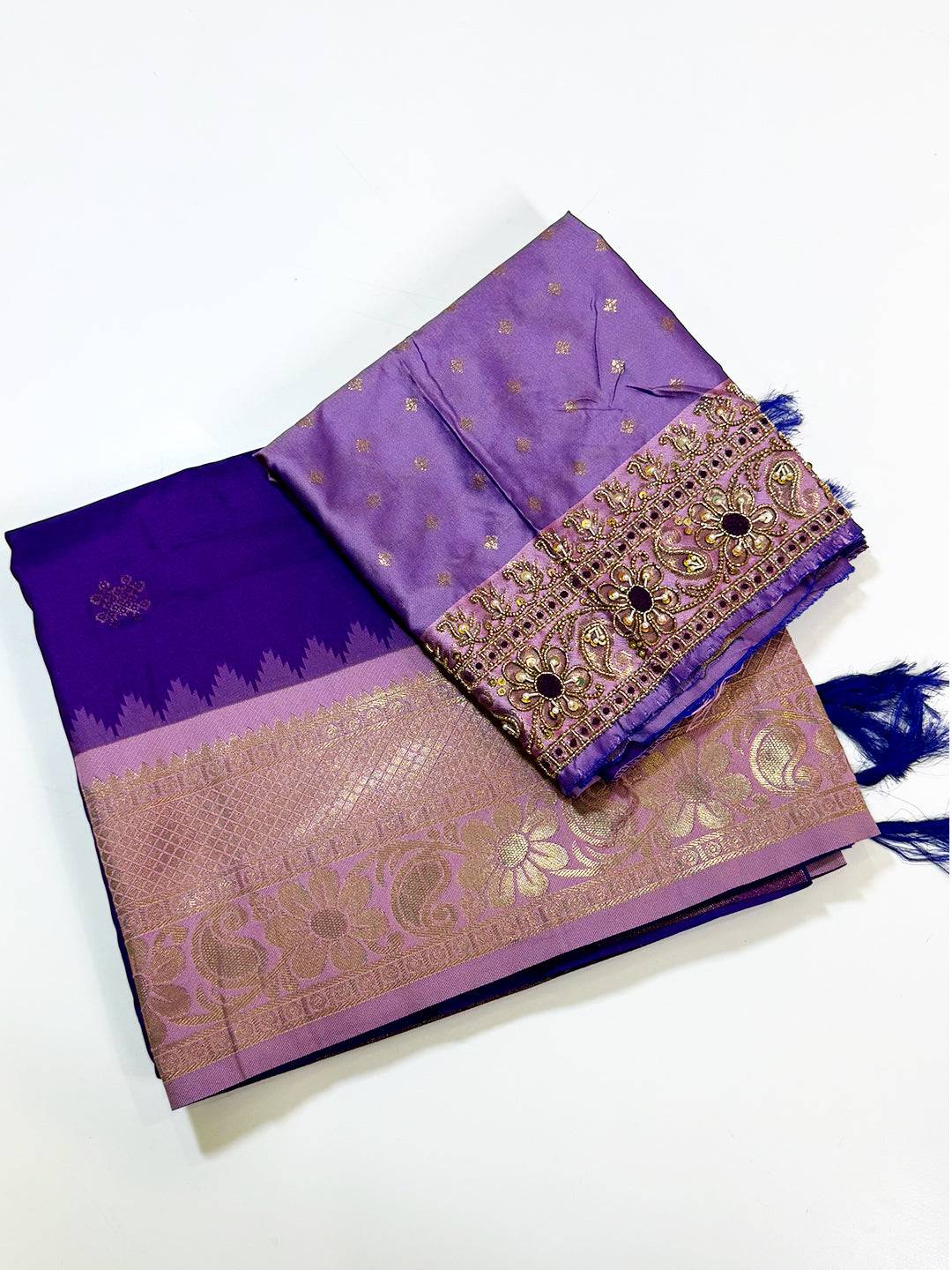 Purple Kolam Butti Gadwal Pattu Saree With Maggam Blouse