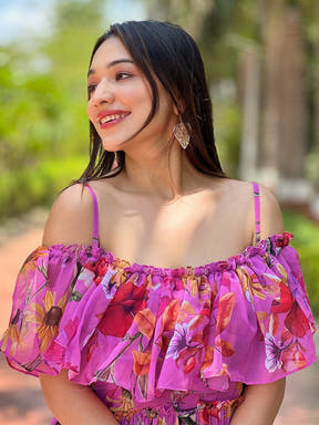 Close-up of Orchid Bloom Off-shoulder Dress details