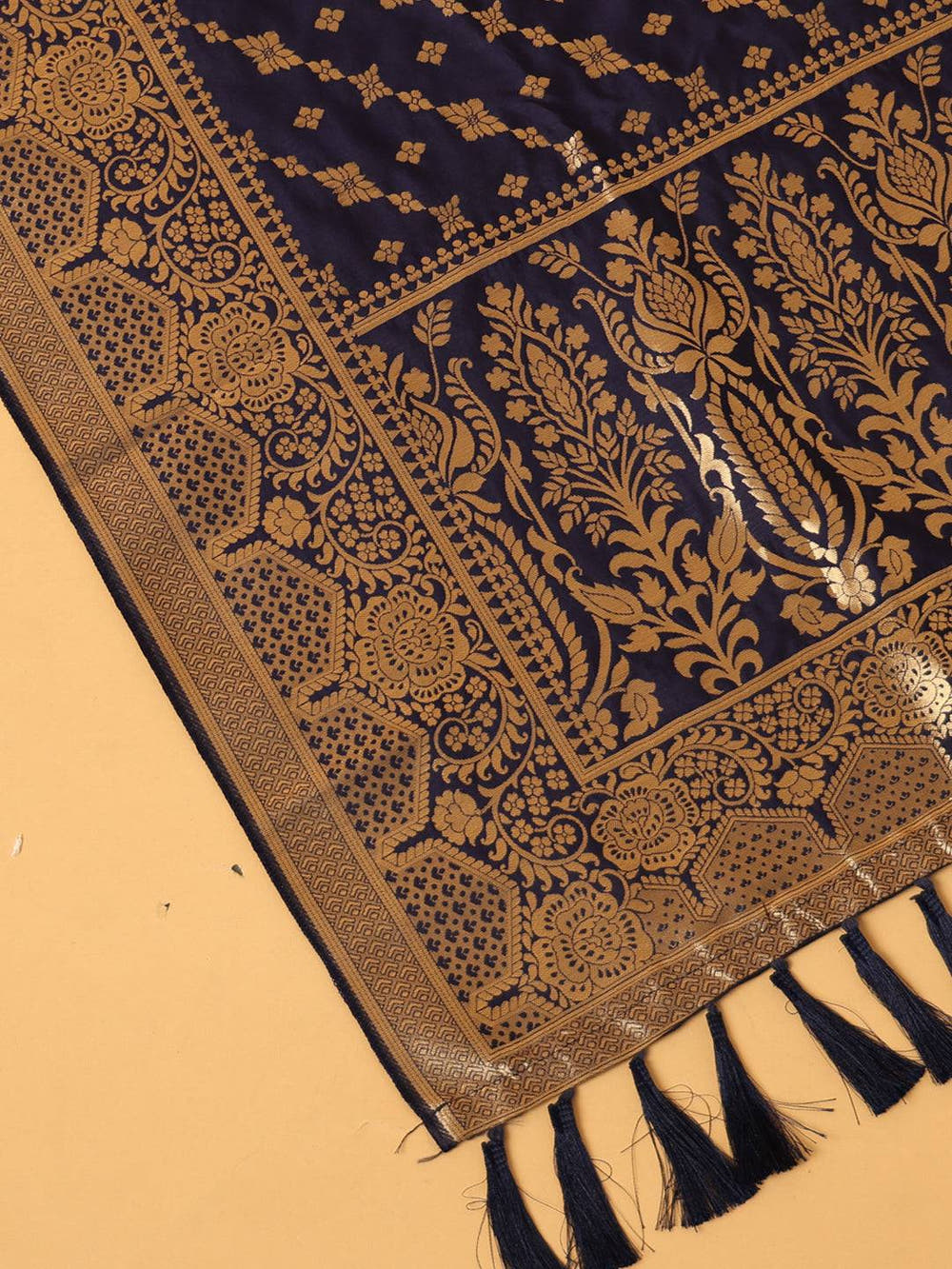 Close-up of navy silk blend dupatta with ornate woven details