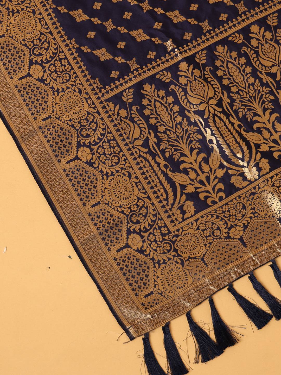 Close-up of navy silk blend dupatta with ornate woven details