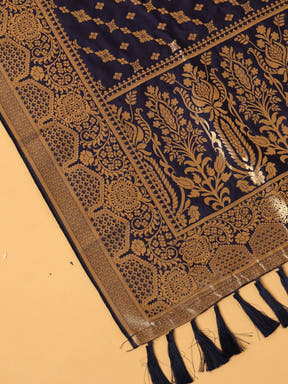 Close-up of navy silk blend dupatta with ornate woven details