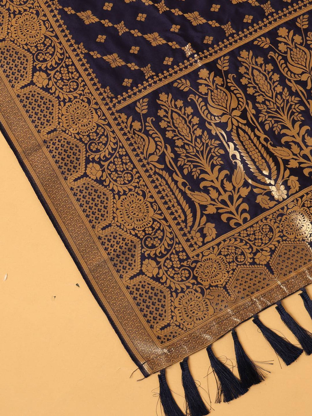 Close-up of navy silk blend dupatta with ornate woven details