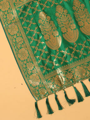 Close-up of green silk blend dupatta with gold woven motifs