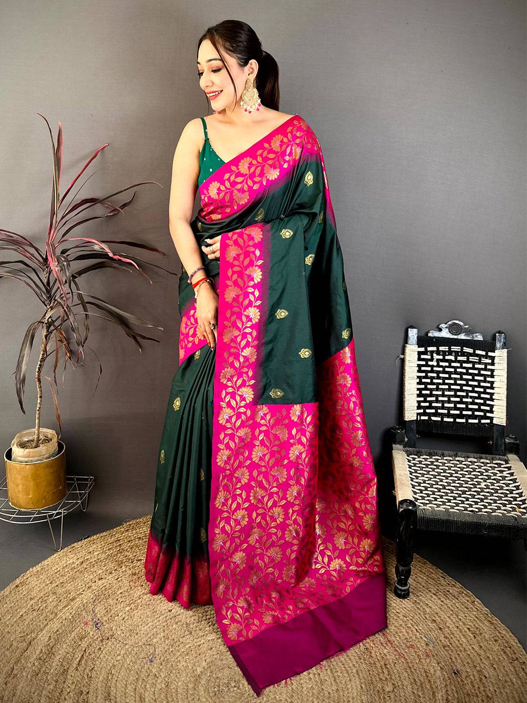 Deep Green Soft Silk Kanjivaram Saree with Pink Floral Border and Gold Accents