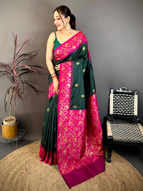Deep Green Soft Silk Kanjivaram Saree with Pink Floral Border and Gold Accents