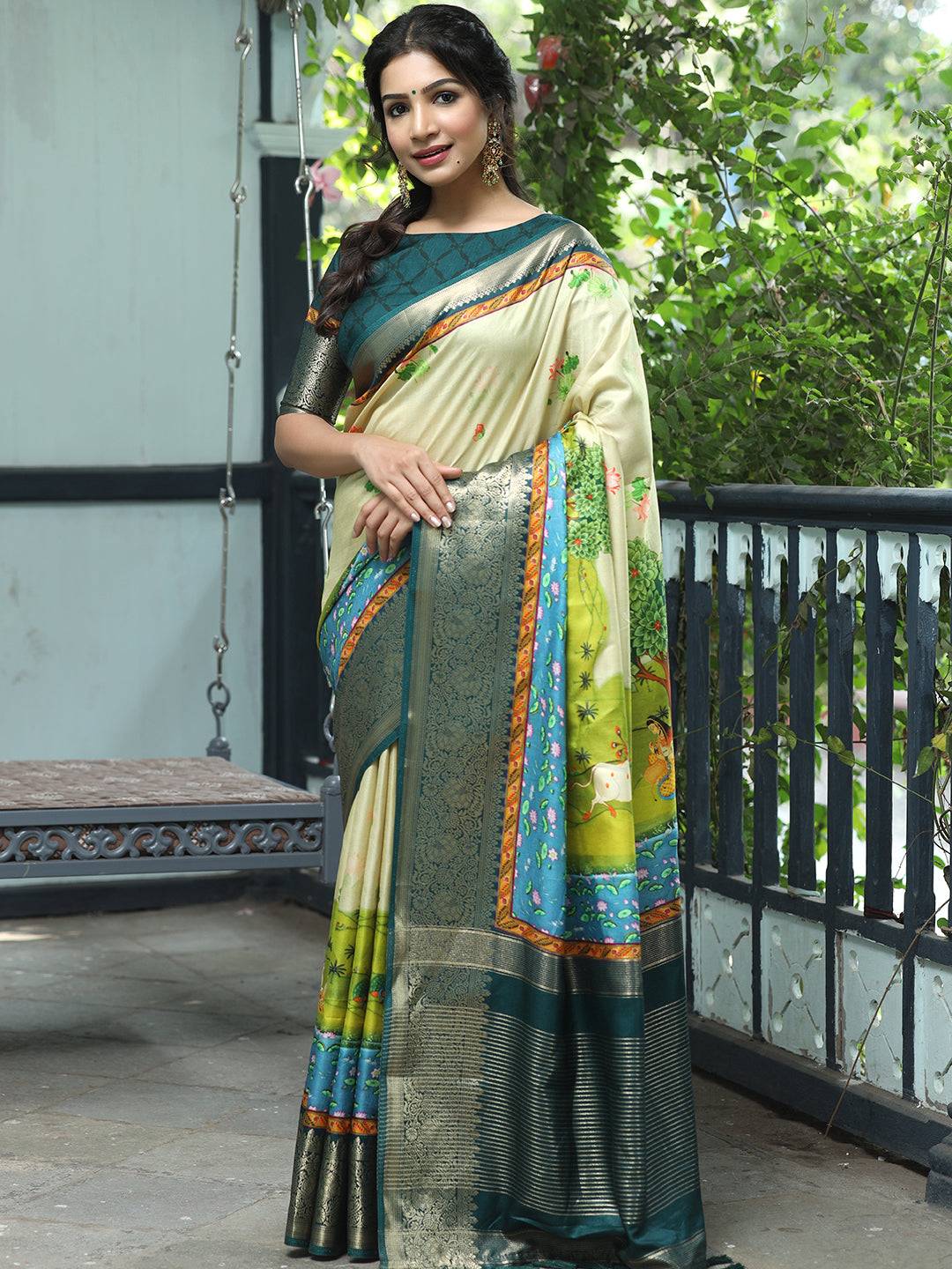 Pichwai Print Zari Weaving Pallu Saree In Pista Colour