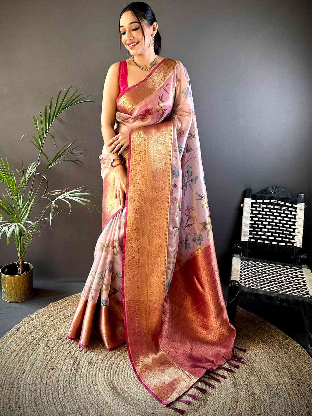 Baby Pink Floral Gold Zari Tissue Saree