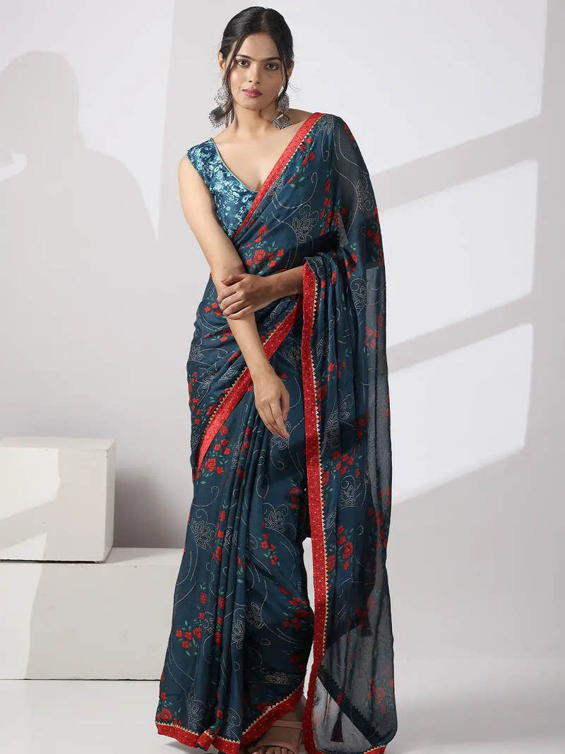 Satin Rama Colour Party Wear Design Saree