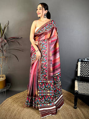 Stylish Parrot Ikkat Print Tussar Saree