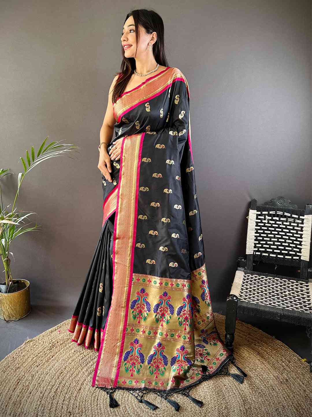 Traditional Black Colour Yevla Paithani Minakari Work Silk Saree