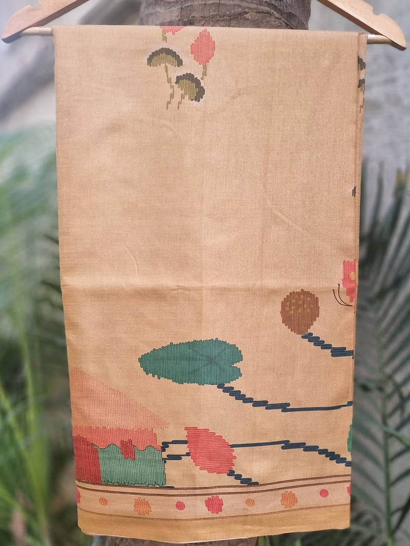 Gold Tussar Silk Saree With Freehand Ikkat Kalamkari Print