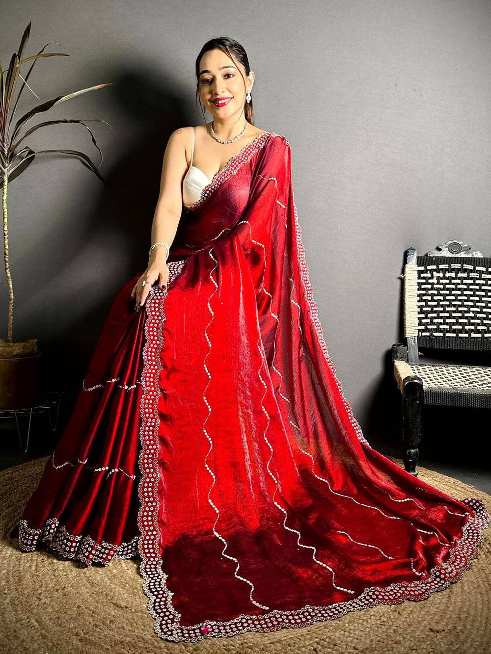 Red Pearl Stone Chiffon Satin Saree