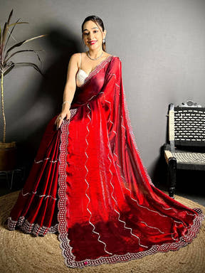 Red Pearl Stone Chiffon Satin Saree