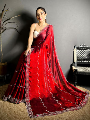 Red Pearl Stone Chiffon Satin Saree