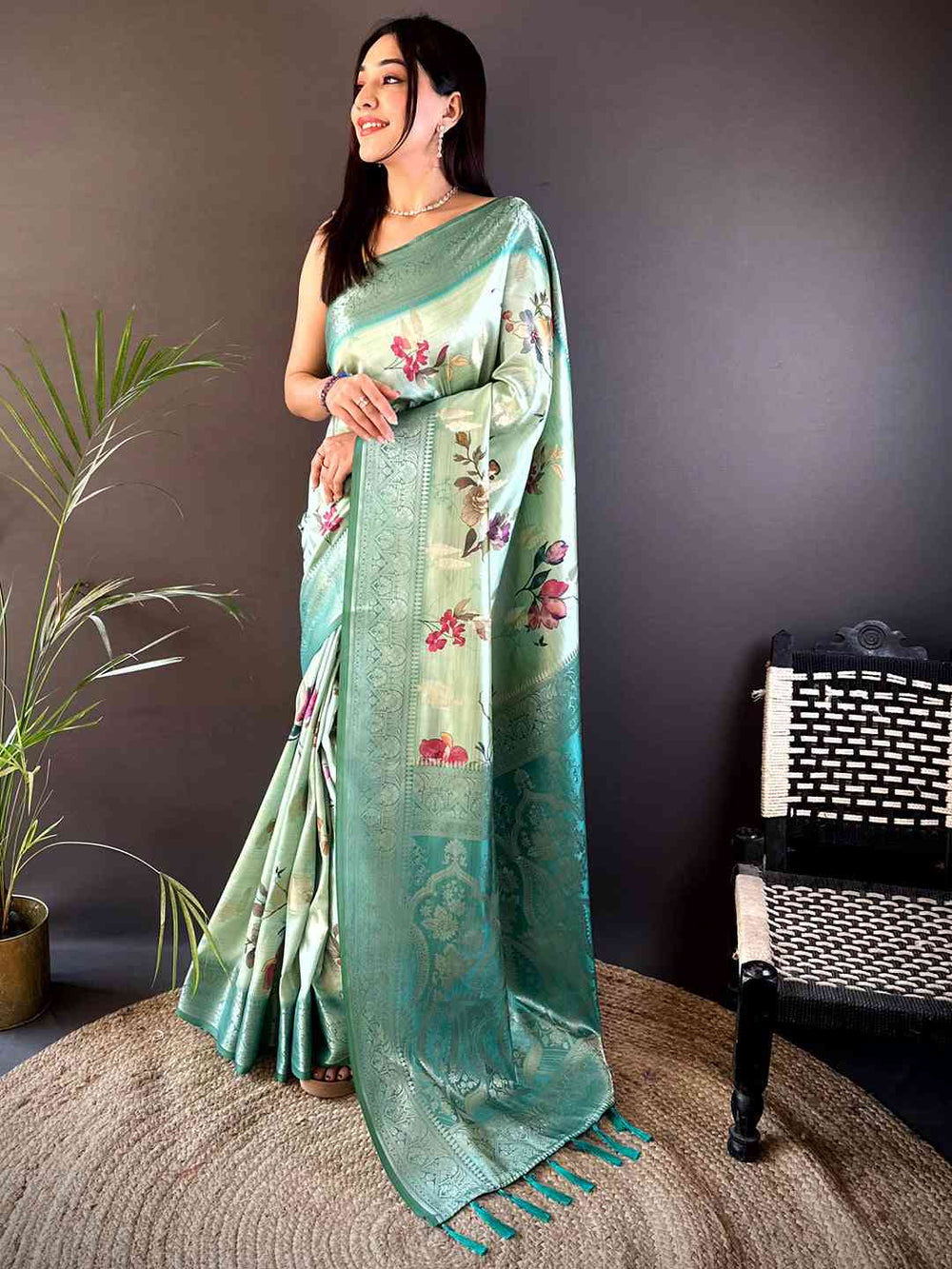 Olive Bamboo Silk Floral Saree
