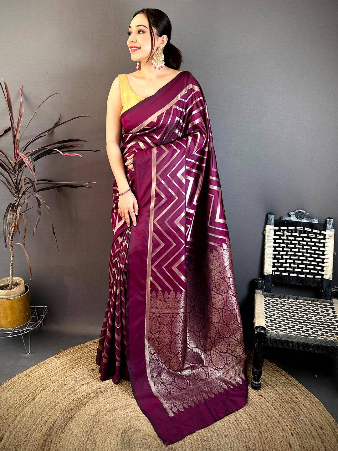 Wine Geometric Zari Weave Banarasi Saree