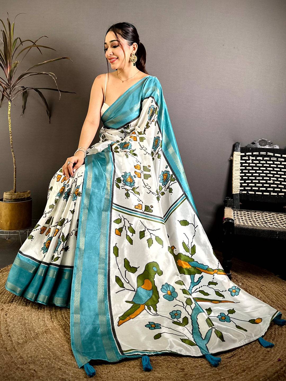 Sky Soft Dola Floral Print Gadwal Border Saree