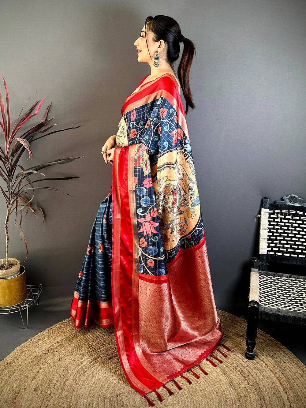 Navy Soft Silk Gadwal Kalamkari Saree
