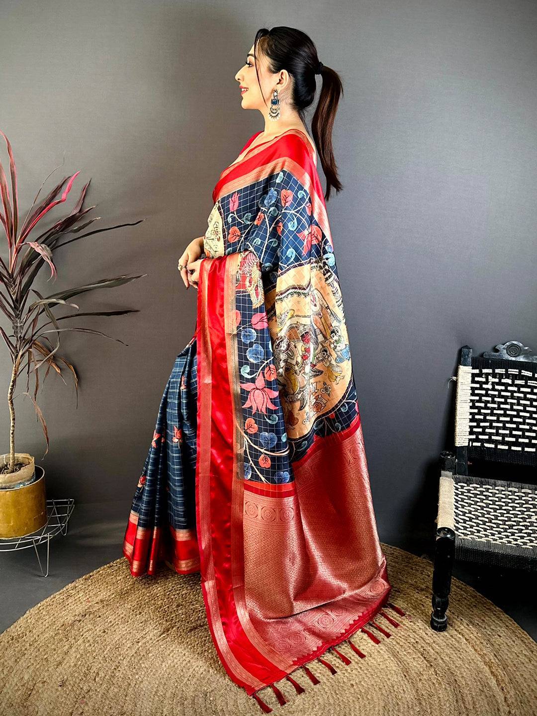 Navy Soft Silk Gadwal Kalamkari Saree