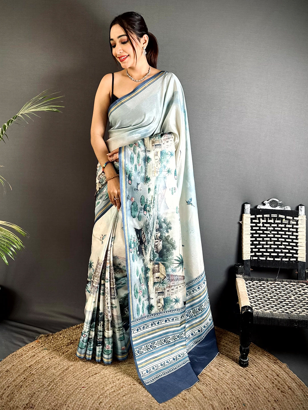 Vibrant Tussar Landscape Digital Saree