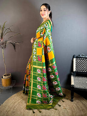 Elegant Yellow Green Ikkat Patola Silk Saree